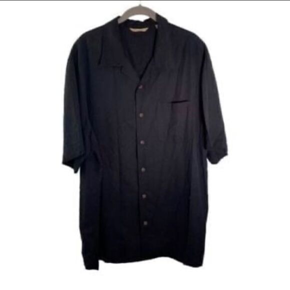 Men’s 100% silk black, short sleeve button down shirt size large box - Picture 1 of 6